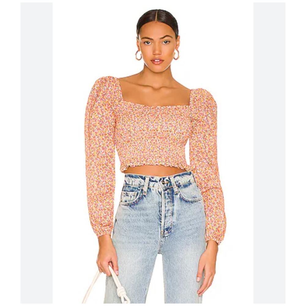 MINKPINK Morwell Top Floral Smocked Long Sleeve crop Top Size Large